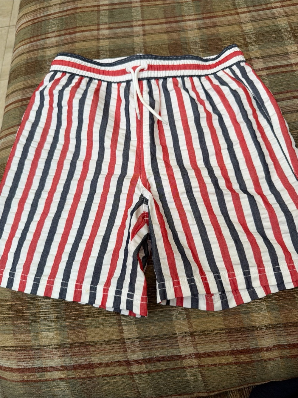 Janie and Jack Red, White & Navy Vertical Stripe Swim Trunks